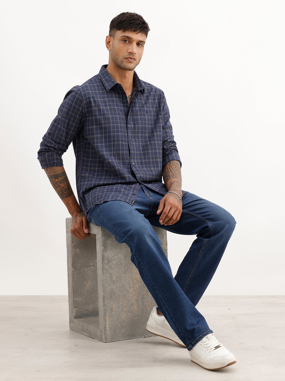 Slim Fit Checkered Full Sleeve Shirt | Navy Blue