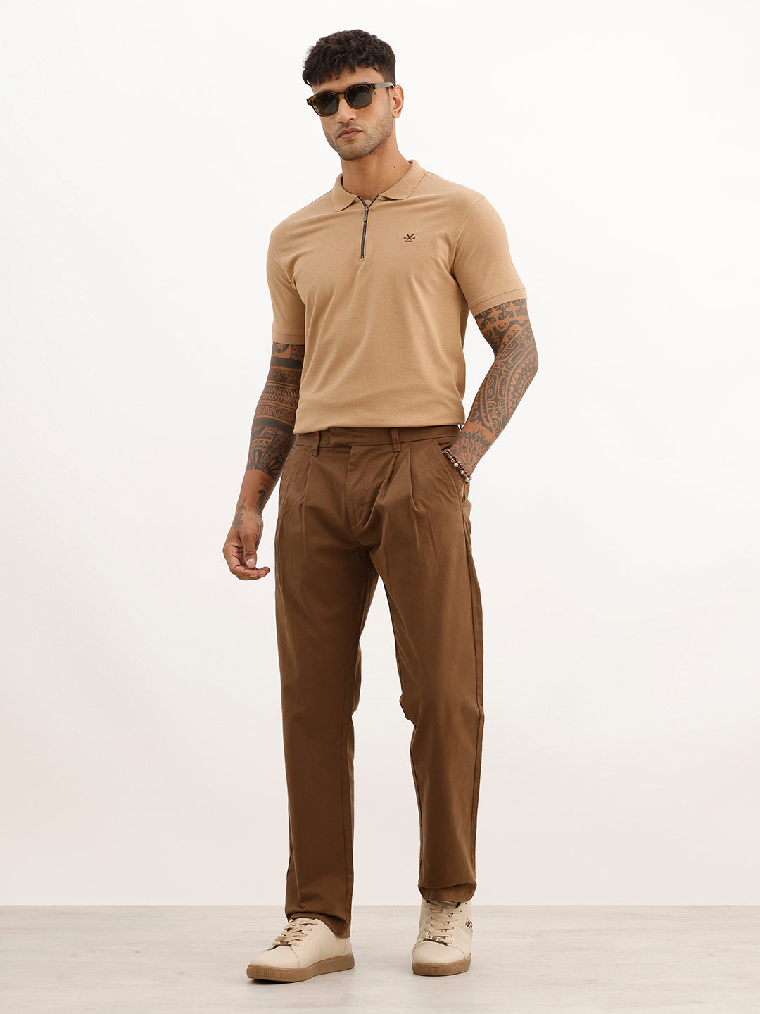 Solid Anti Fit Double Pleated Trouser | Brown