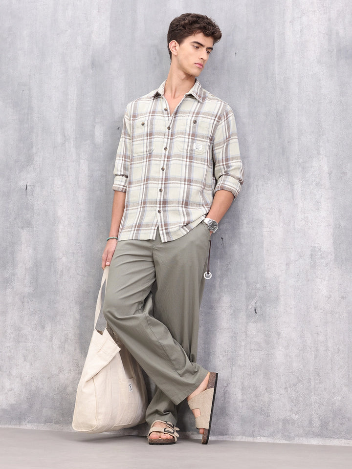 Double Pocket Comfort Fit Checks Shirt I Brown