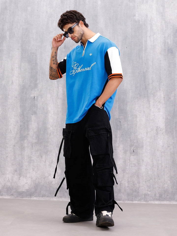 Retro Inspired Color Block Front Zip Polo I Blue