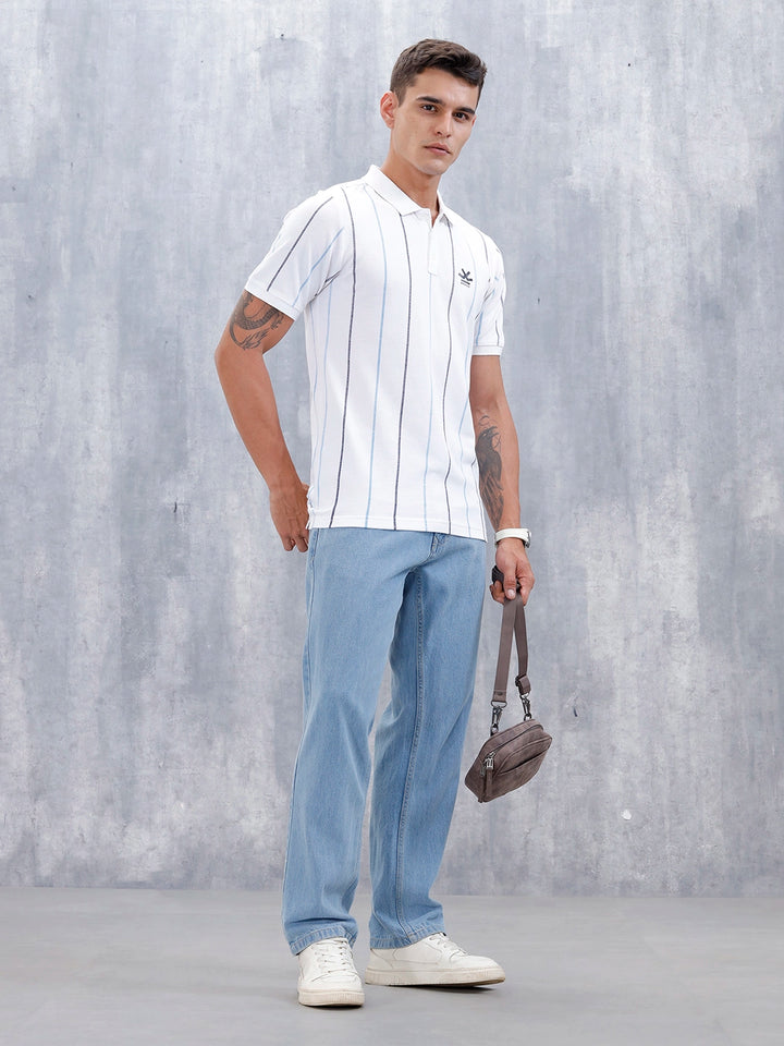 Men's Casual Regualr Fit Striped Pattern Polo T-Shirt | White
