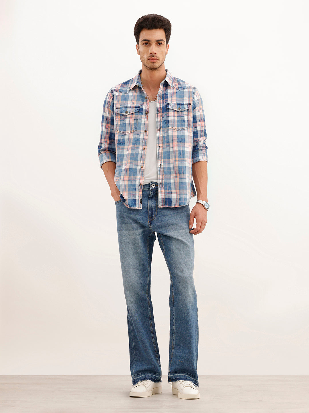 Slim Fit Washed Indigo Checkered Shirt | Blue