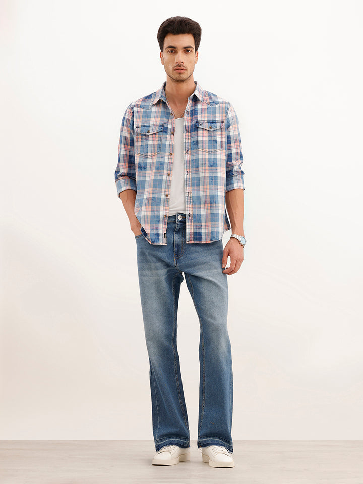 Slim Fit Washed Indigo Checkered Shirt | Blue