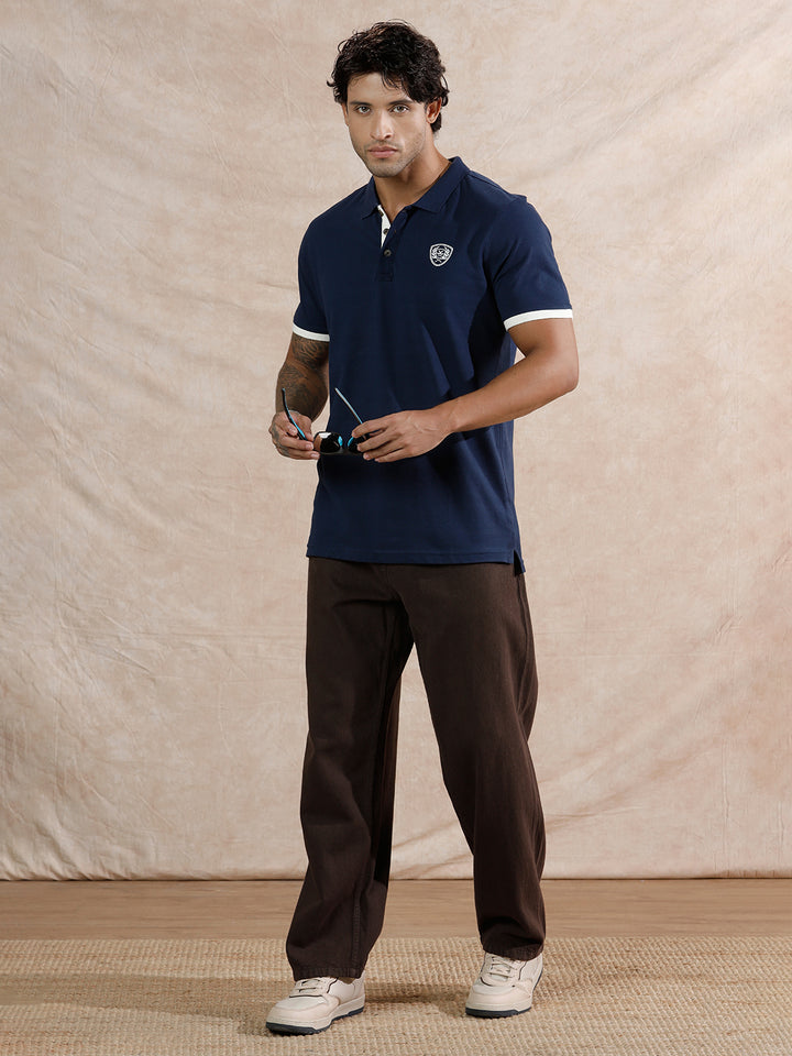 Varsity Crest Slim Fit Polo T-Shirt  | Navy Blue