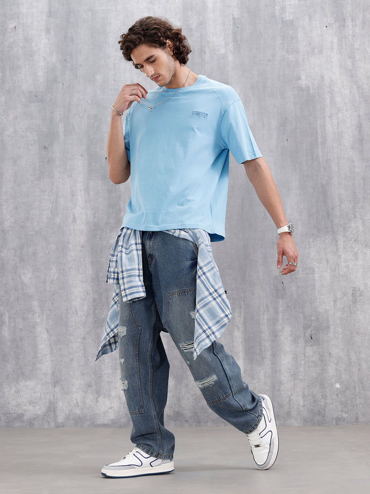 Oversized Crew Neck T-Shirt With Puff Print | Light Blue