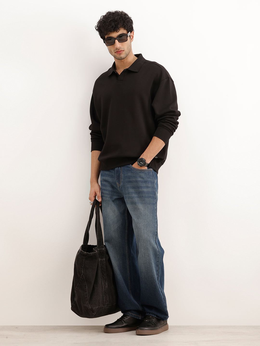 Solid Oversized Collared Sweatshirt | Black