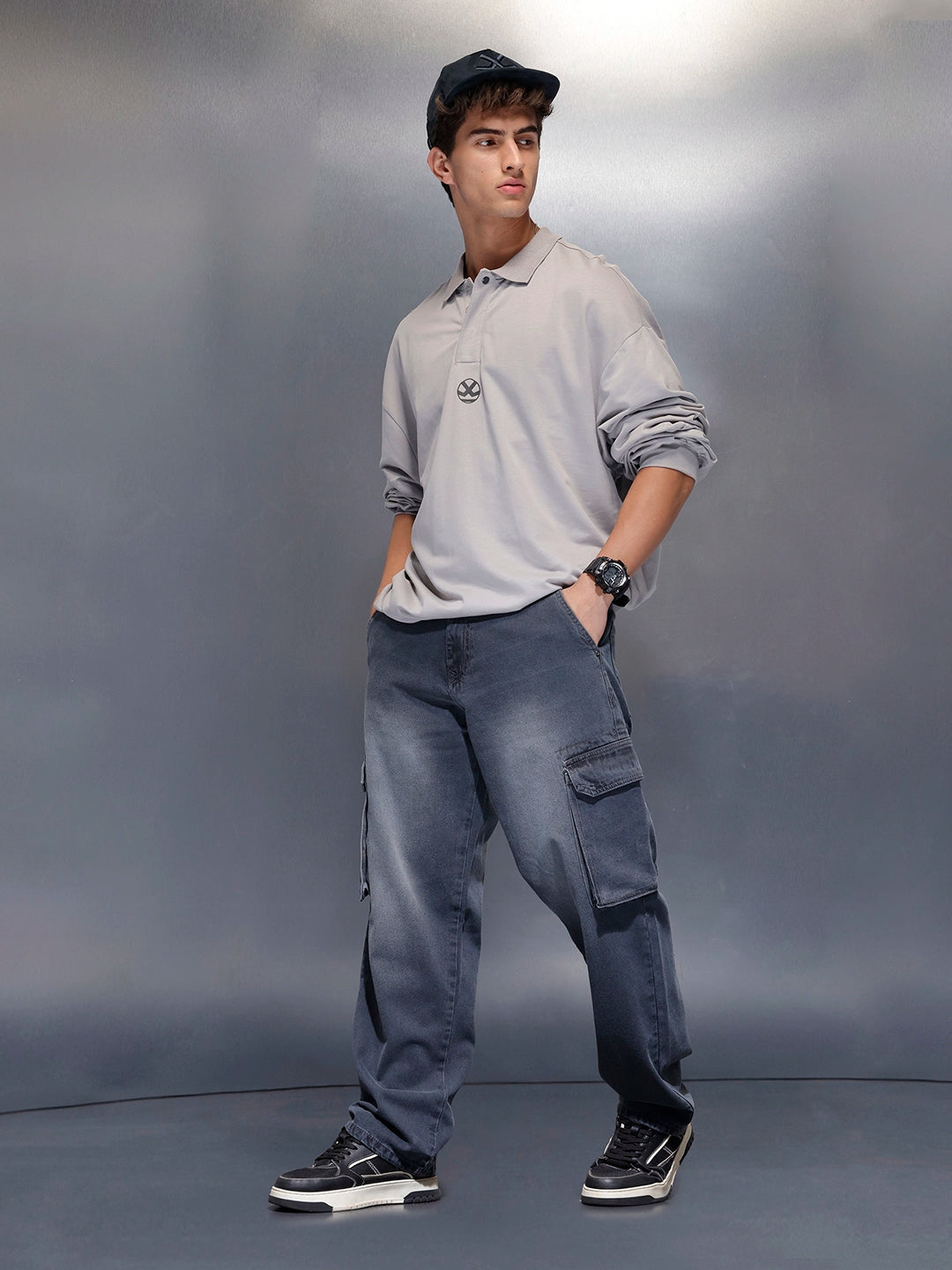 Charcoal loose Fit Cargo Denim | Grey