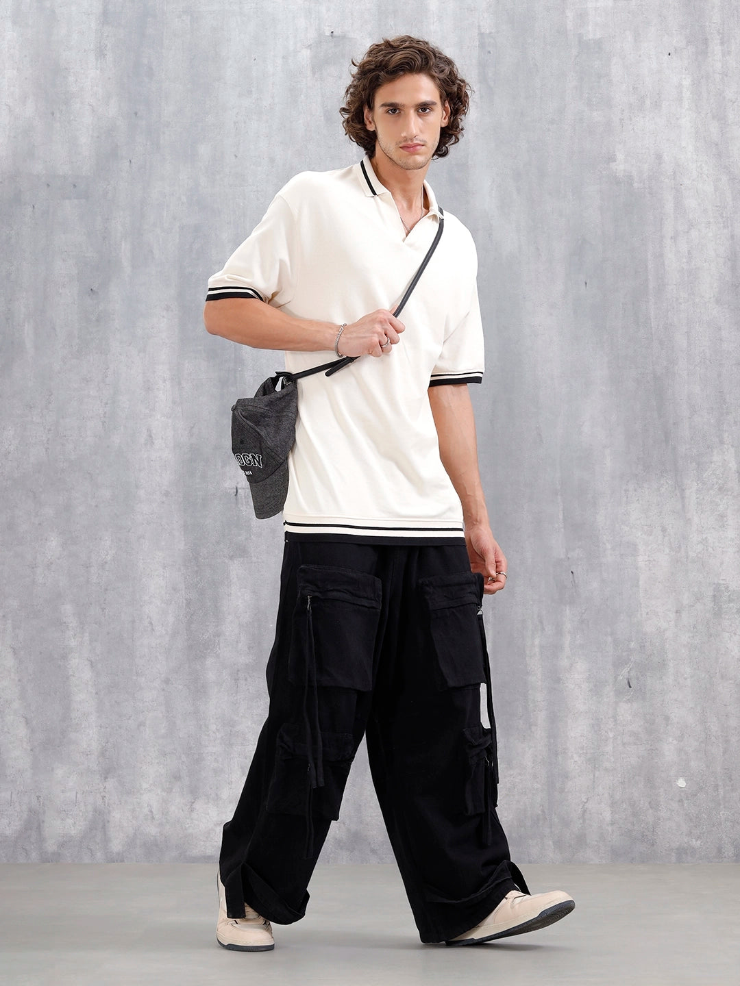 Oversized Polo T-Shirt With Contrast Trim Details | Beige