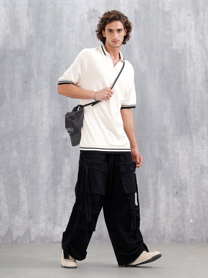 Oversized Polo T-Shirt With Contrast Trim Details | Beige