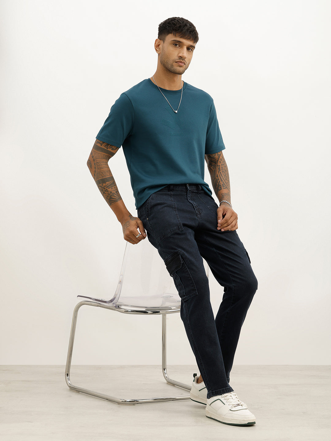 Washed Slim Fit Denim Cargo | Blue