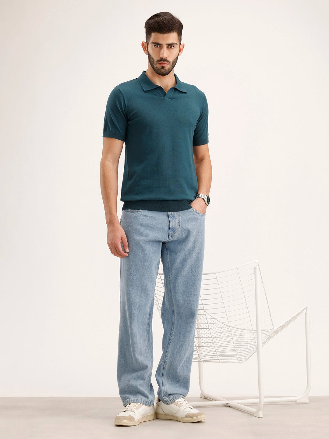 Slim Fit Flat Knit Polo T-Shirt | Teal