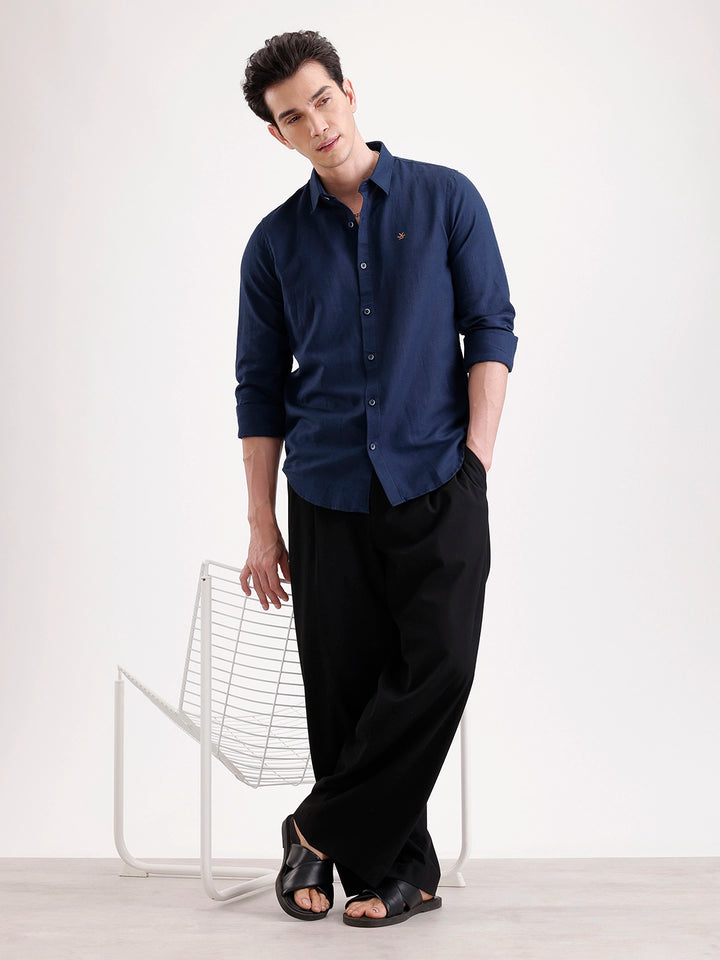 Solid Slim Fit Linen Blend Shirt  | Navy Blue