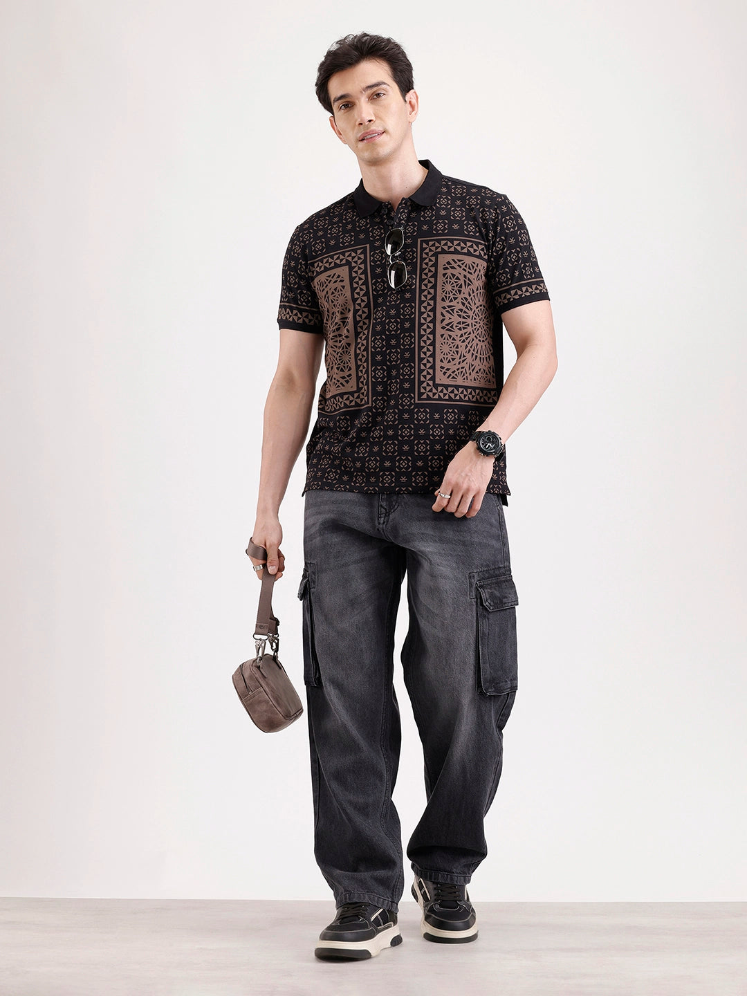 Slim Fit Pannel Printed Polo T-Shirt  | Black