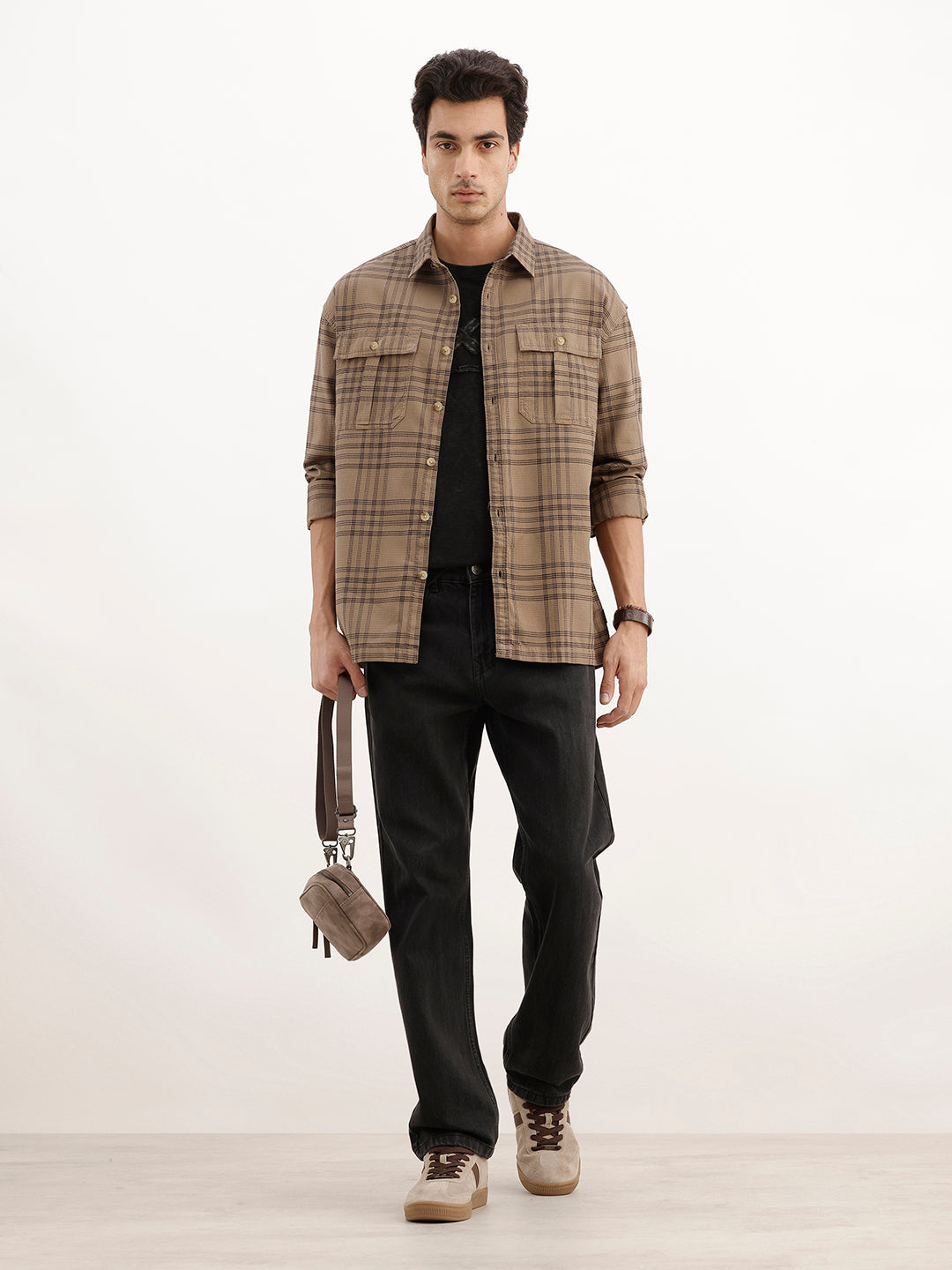 Oversized Double Pocket Checkered Shirt | Brown