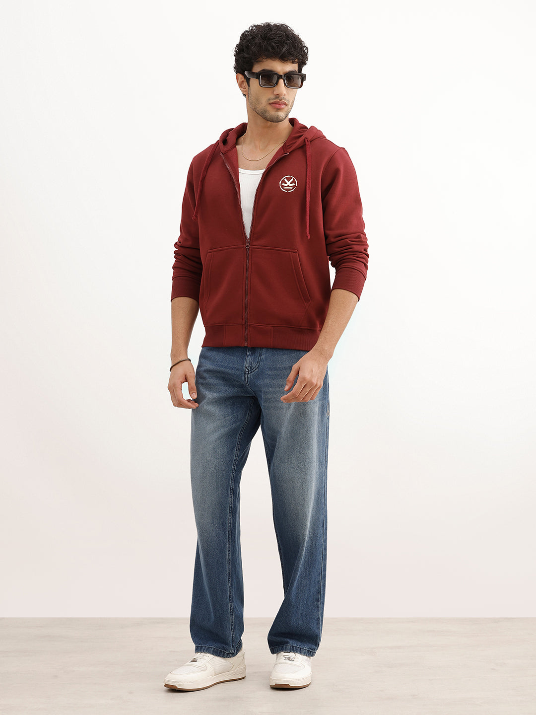 Classic Foil Printed Zipper Hooded Sweatshirt | Maroon