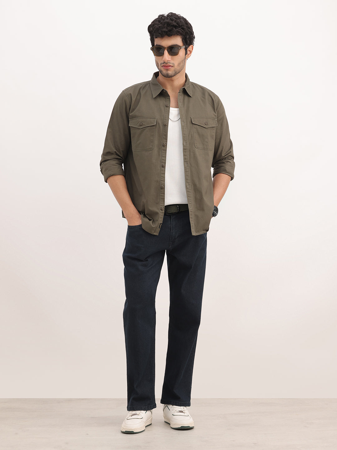 Slim Fit Double Pocket Full Sleeve Shirt | Olive