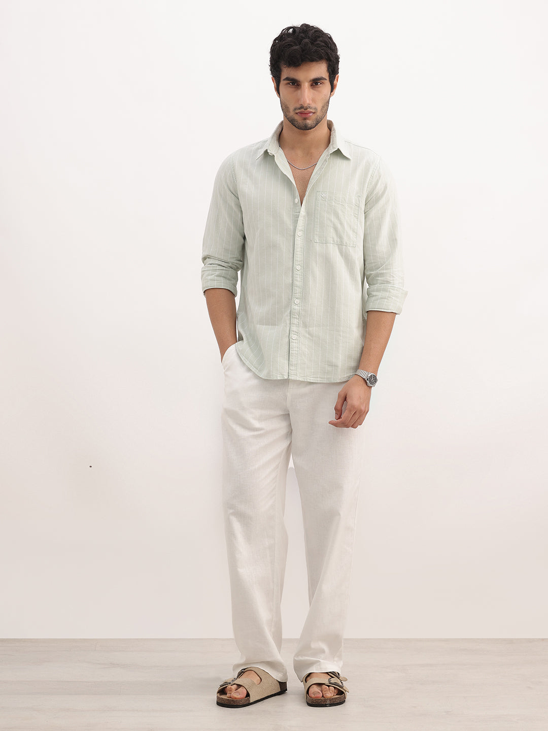 Slim Fit Striped Full Sleeve Shirt | Light Green