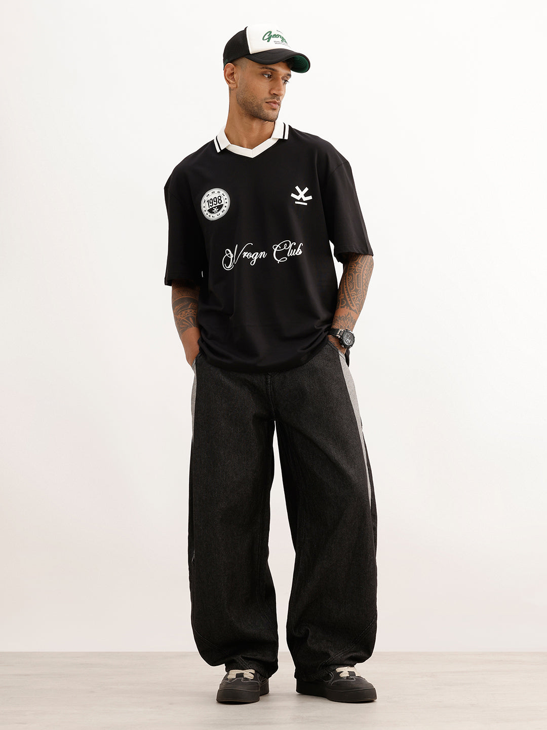 Oversized Placement Printed Polo T-Shirt | Black