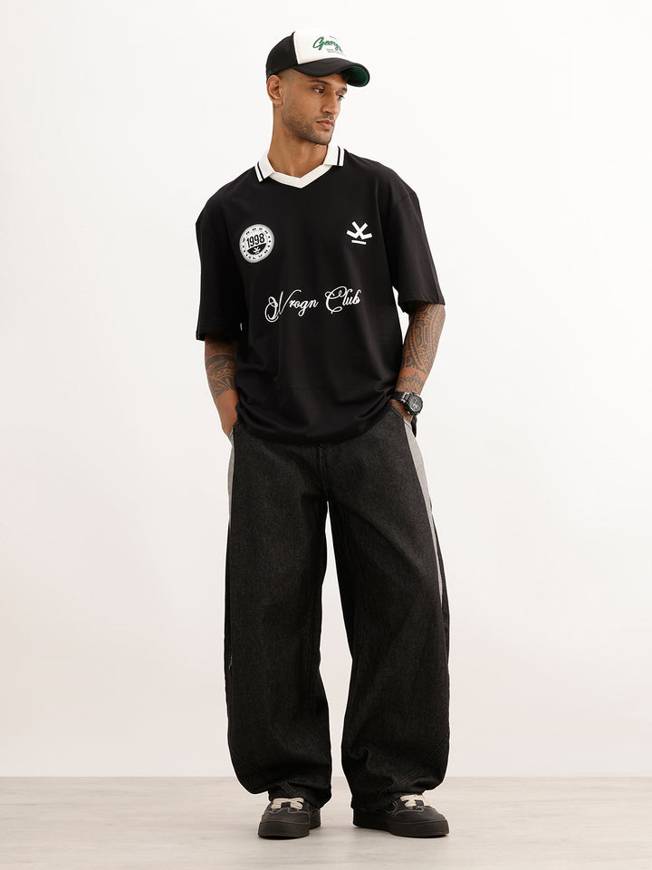 Oversized Placement Printed Polo T-Shirt | Black