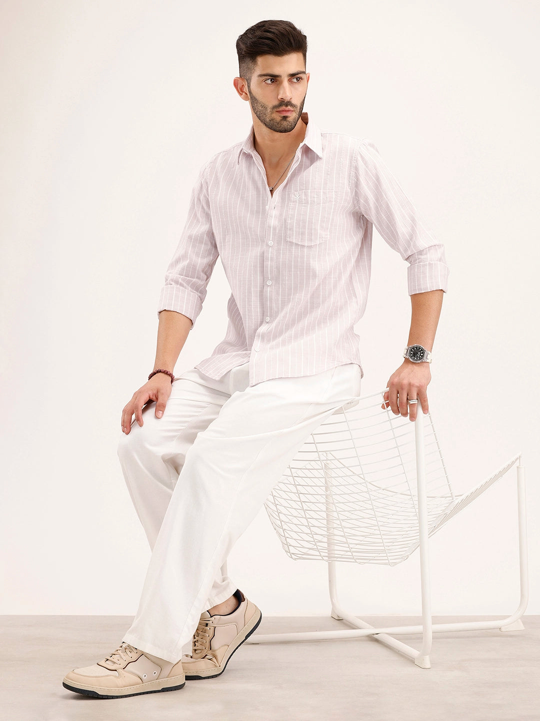 Textured Slim Fit Striped Shirt | Pink