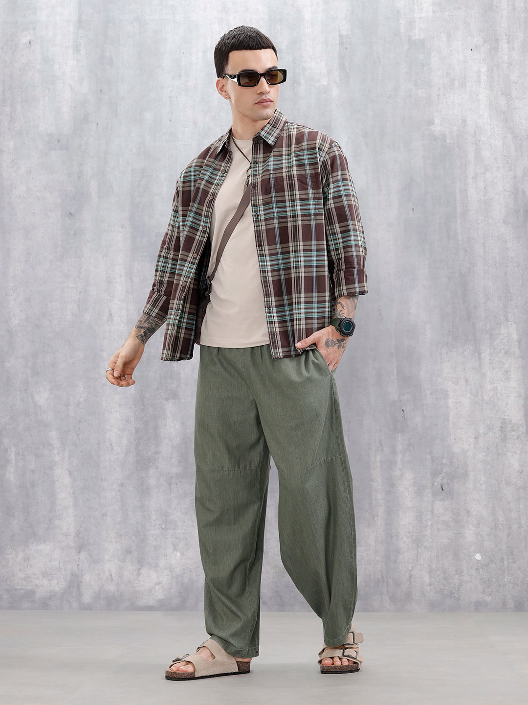 Wrogn Men’s Comfort Fit Checkered Shirt With Chest Pocket | Brown