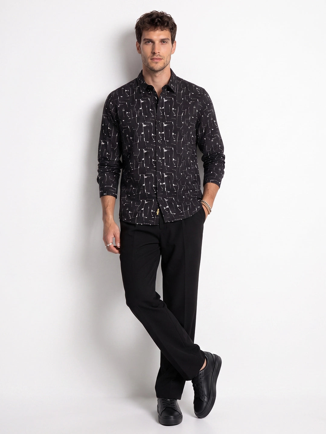 Regular Fit AOP Full Sleeve Shirt | Black