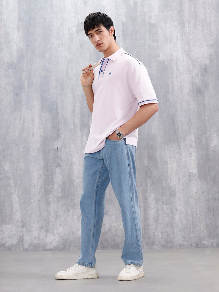 Oversized Polo T-Shirt With Contrast Trim Details | Pink