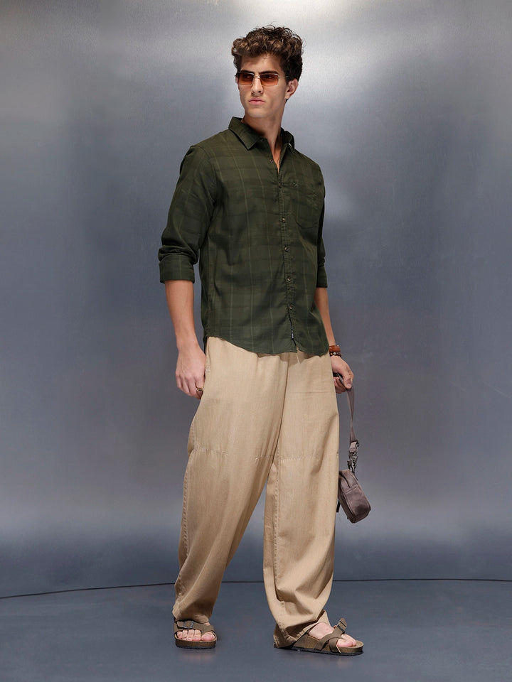 Men’s Dark Green Subtle Check Shirt | Olive