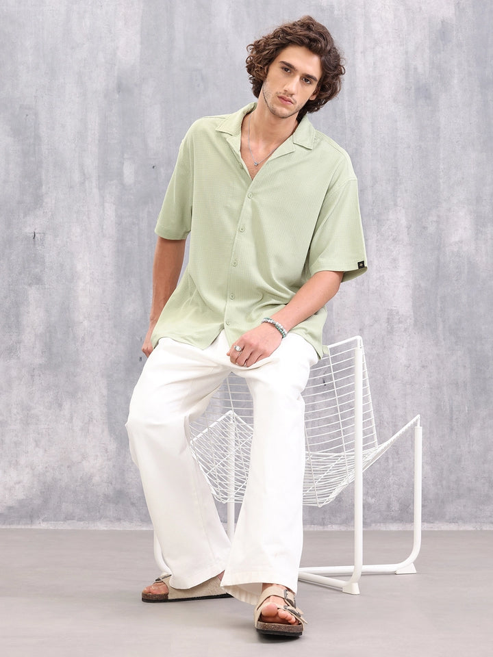 Textured Oversize Fit Resort Collar Shirt I Light Green