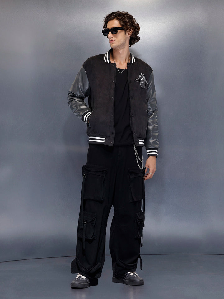 Men’s black varsity jacket with leather sleeves | Black