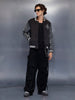 Men’s black varsity jacket with leather sleeves | Black