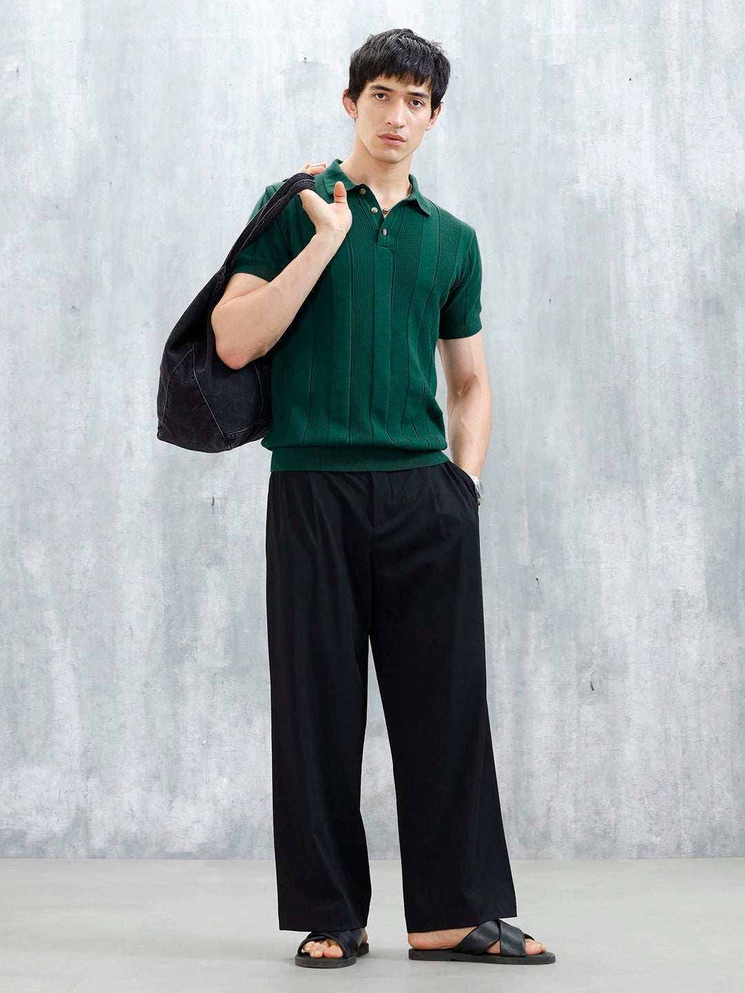 Classic Flat Knit Textured Polo T-Shirt For Men | Green