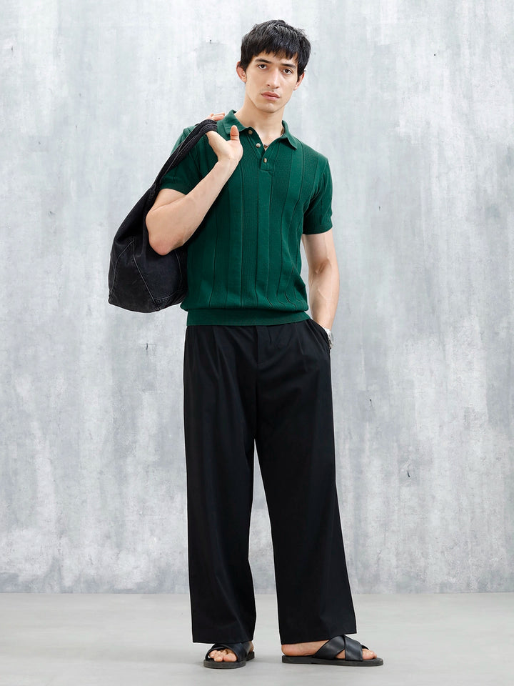 Classic Flat Knit Textured Polo T-Shirt For Men | Green