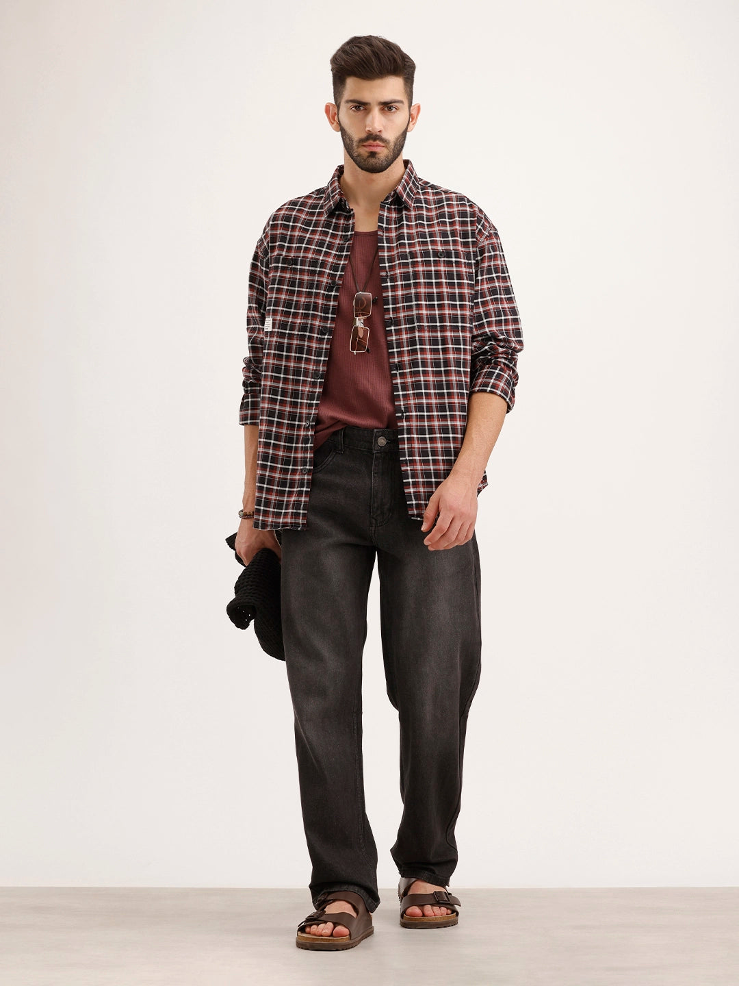 Oversized Fit Double Pocket Checkered Shirt | Black