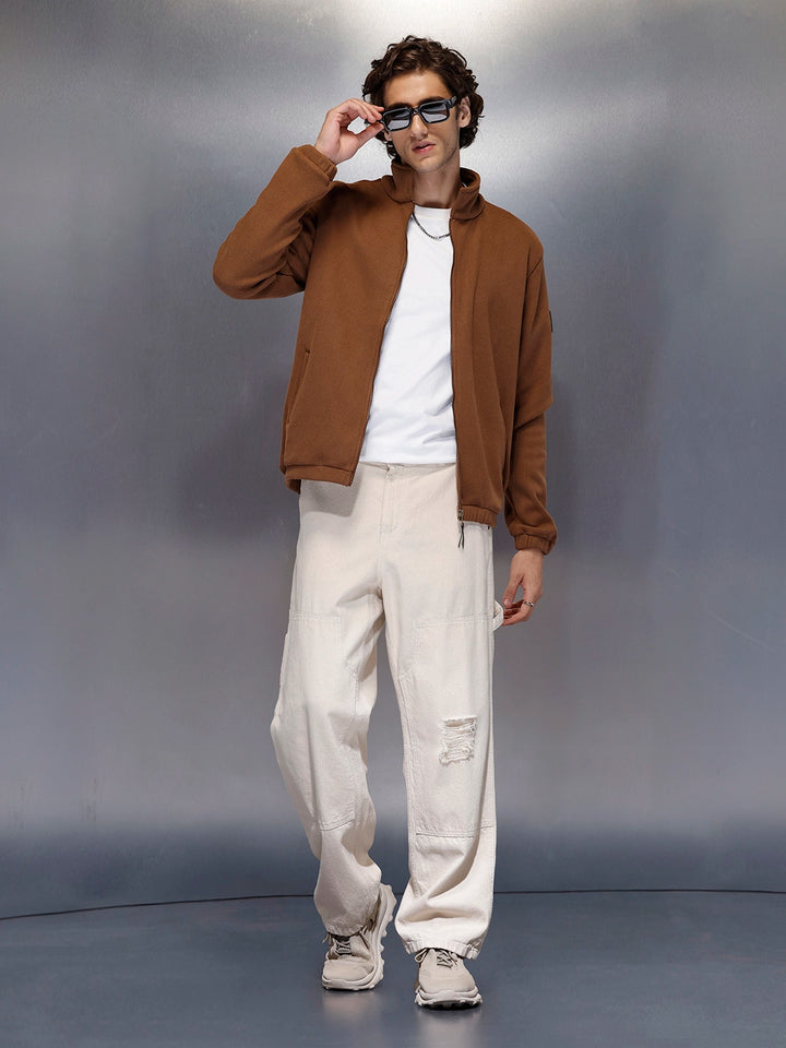 Men’s brown textured zip-up jacket | Brown