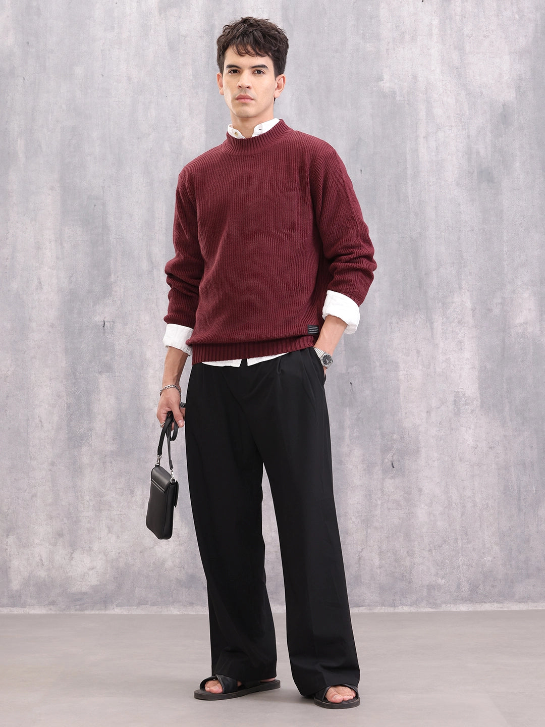 Structured Round Neck Comfort Fit Pullover | Wine