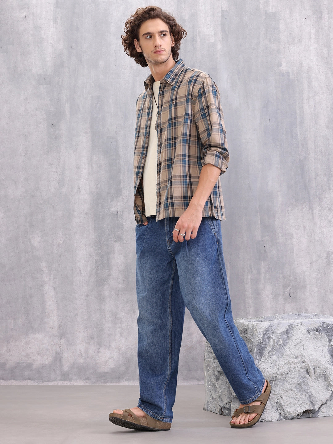 Textured Checkered Cotton Shirt | Brown