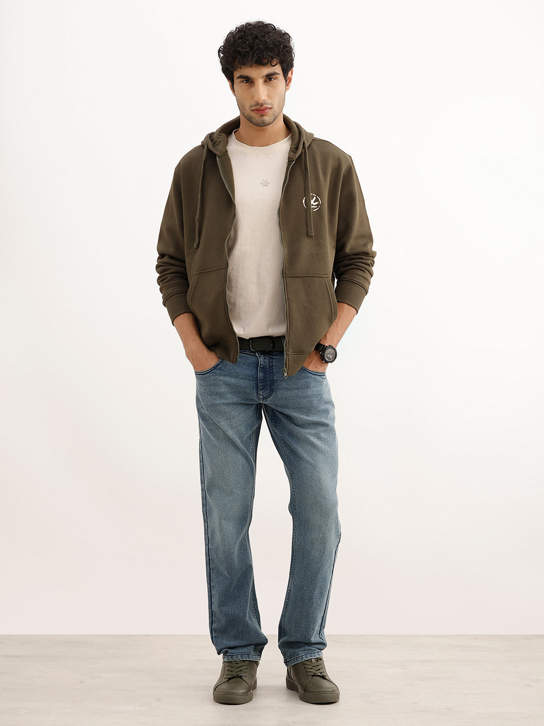 Classic Foil Printed Zipper Hooded Sweatshirt | Olive