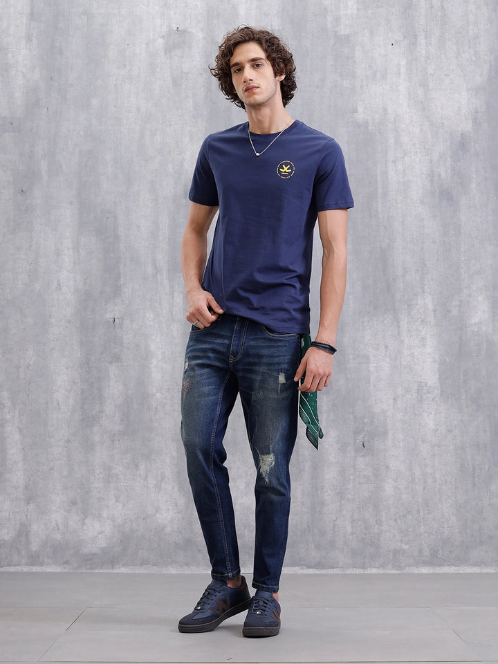 Placement Printed Slim Fit T-Shirt  | Navy Blue