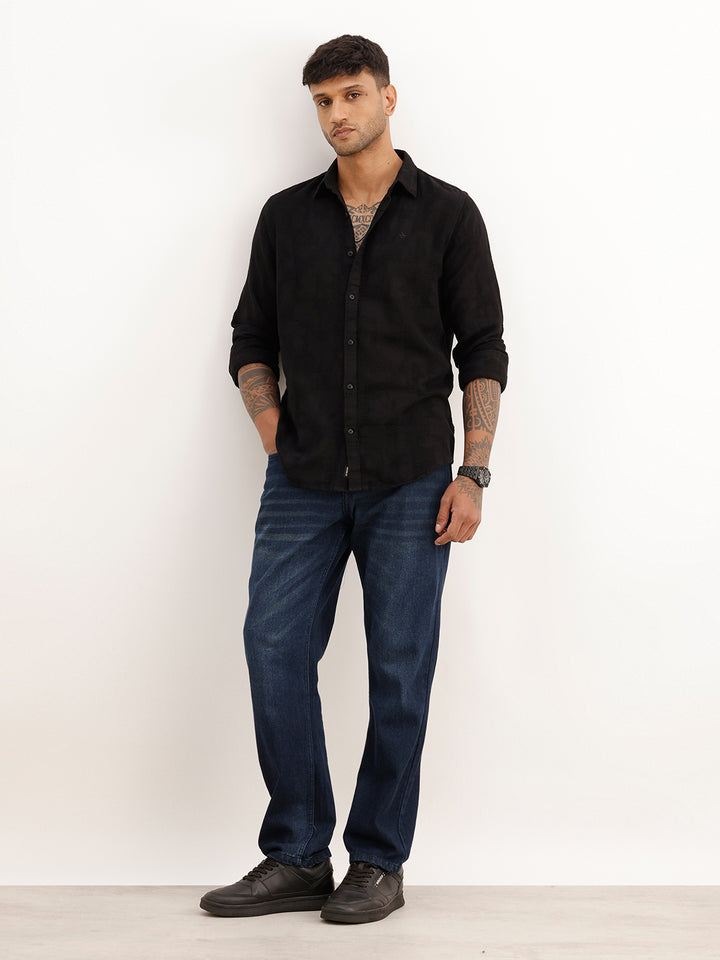 Solid Textured Slim Fit Full Sleeve Shirt | Black