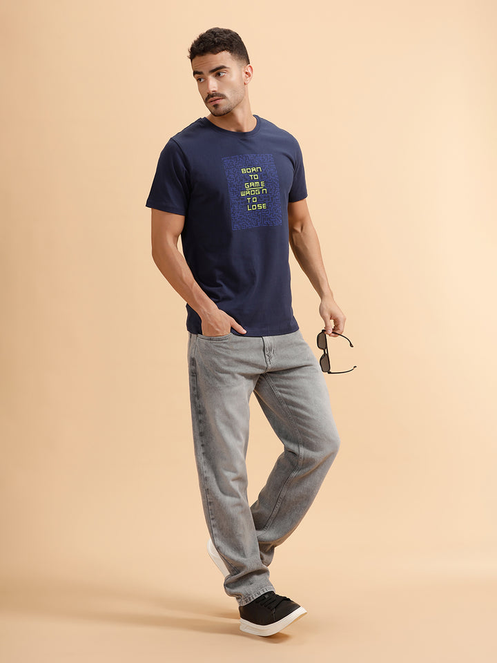 Placement Print Slim Fit T-Shirt  | Navy Blue