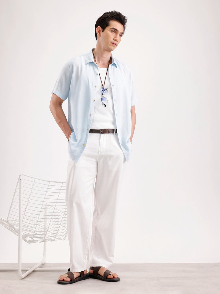 Slim Fit Half Sleeve Linen Blend Shirt  | Light Blue