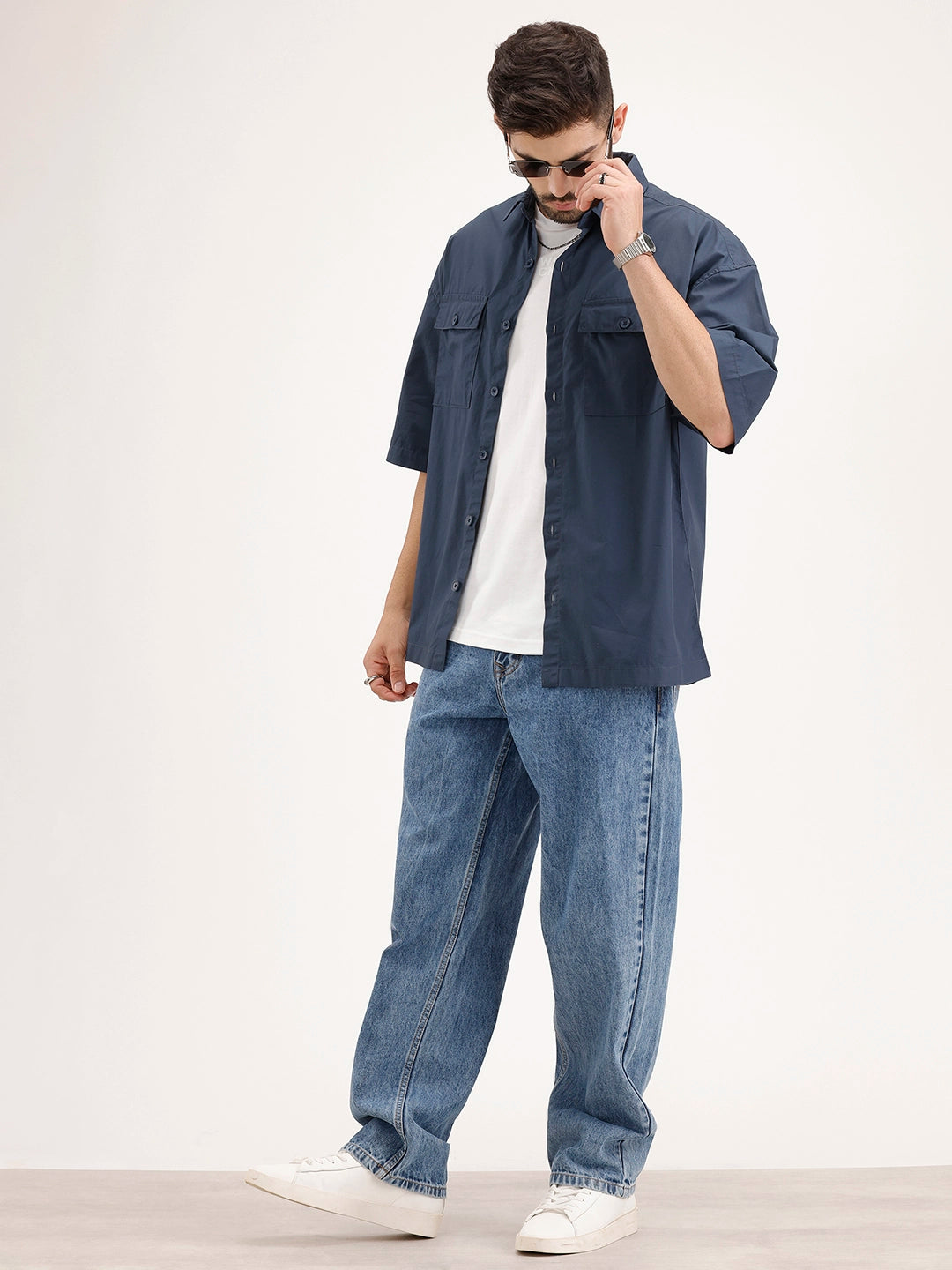 Oversized Double Pocket Half Sleeve Shirt | Blue