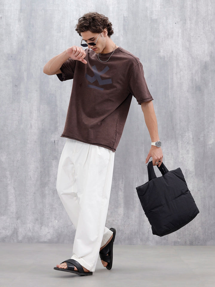 Wrogn Logo Raw-Edged Washed Tee | Dark Brown