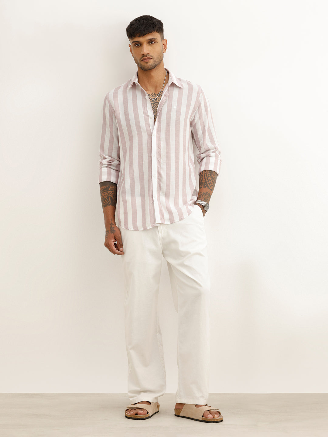 Classic Slim Fit Striped Shirt | Pink