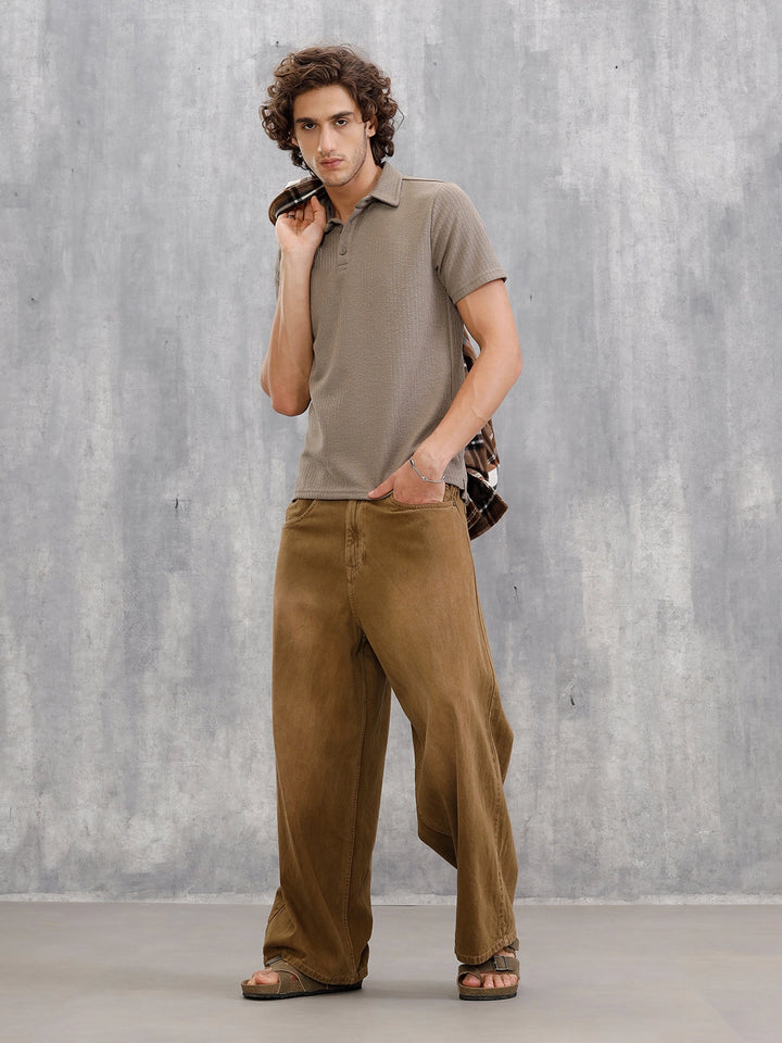 Textured Jacquard Self Design Polo In Slim Fit  |  Khaki