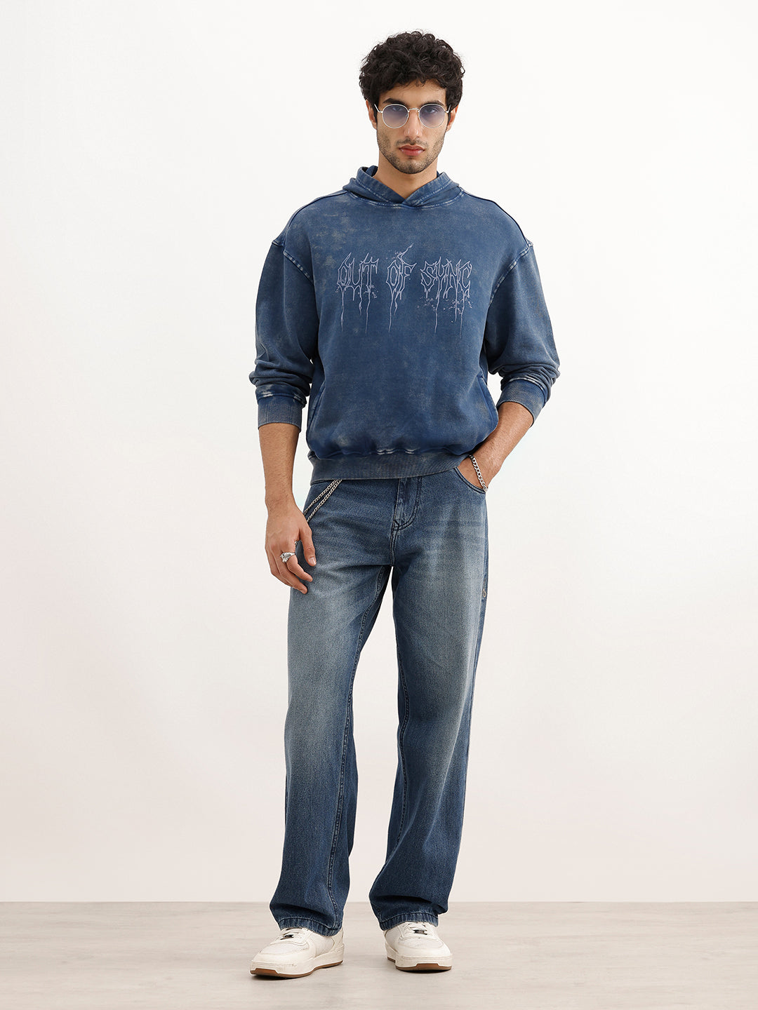 Washed Oversized Placement Printed Hooded Sweatshirt | Blue