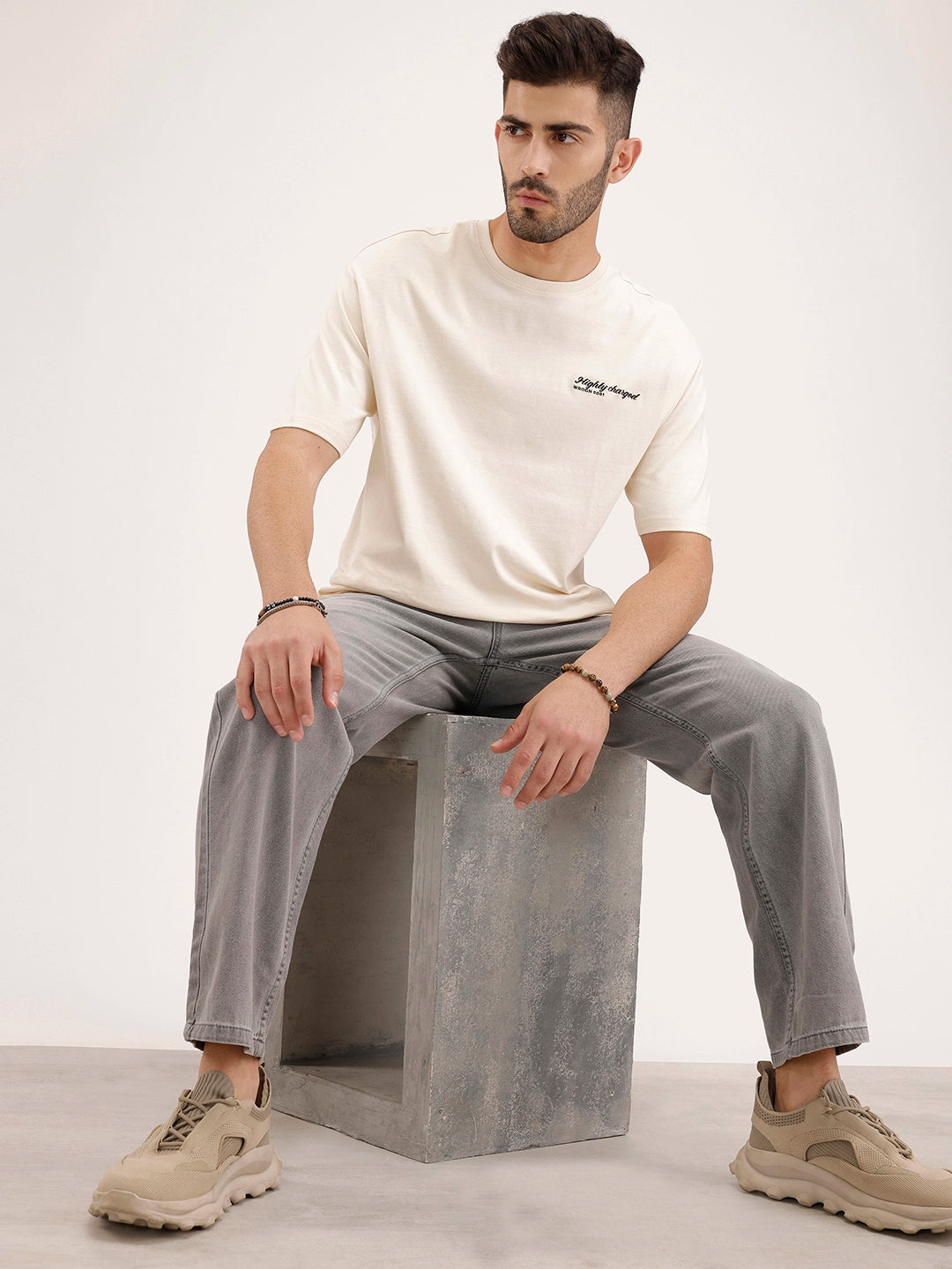 Oversized Fit Embroidered T-Shirt | Beige