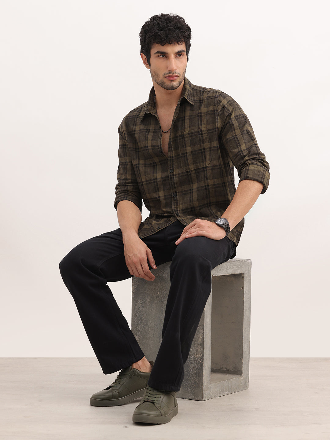 Slim Fit Checkered Full Sleeve Shirt | Olive