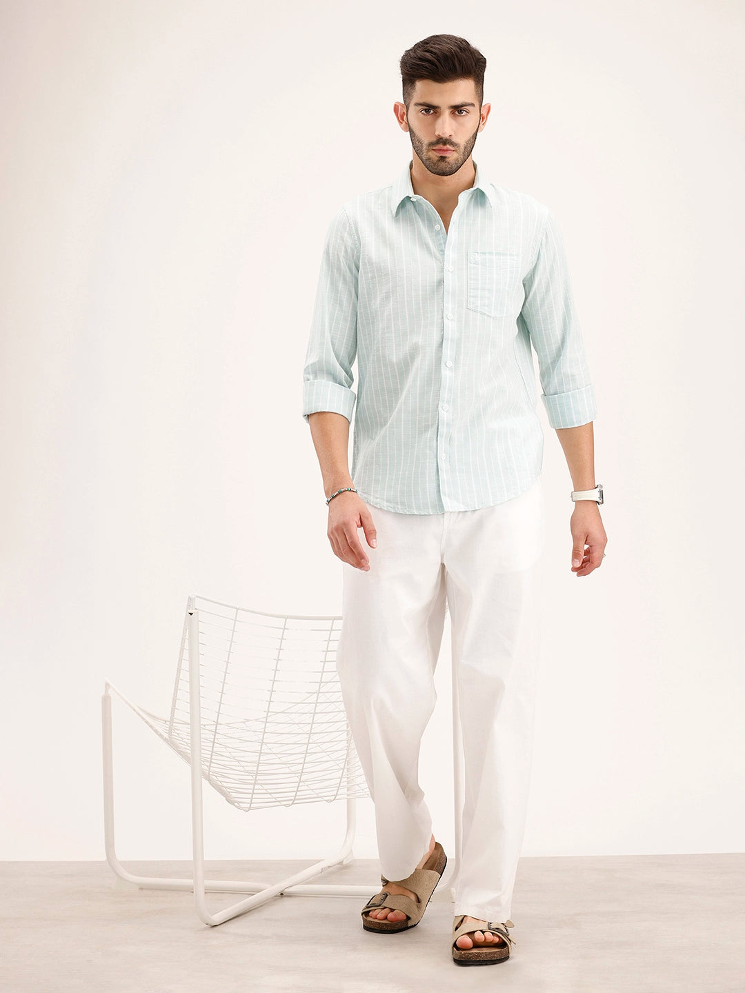 Textured Slim Fit Striped Shirt | Light Green